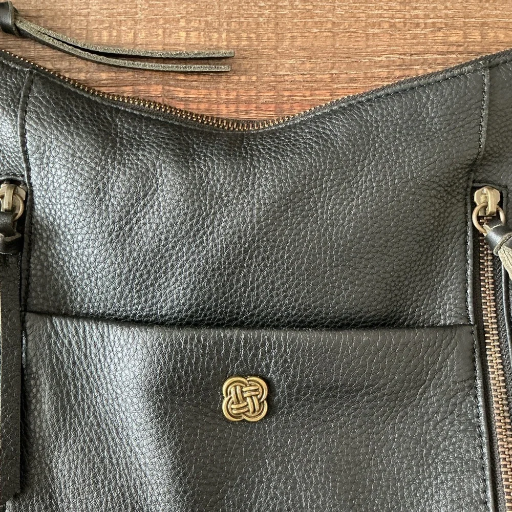 Elliot Lucca Black Leather Raw Edges Front Zippers Tie Handle Shoulder Bag Purse